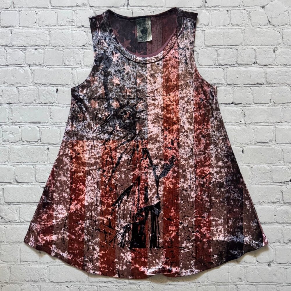 USA New Vocal Womens Red Velvet American Flag Liberty Tank Top Tunic Small S